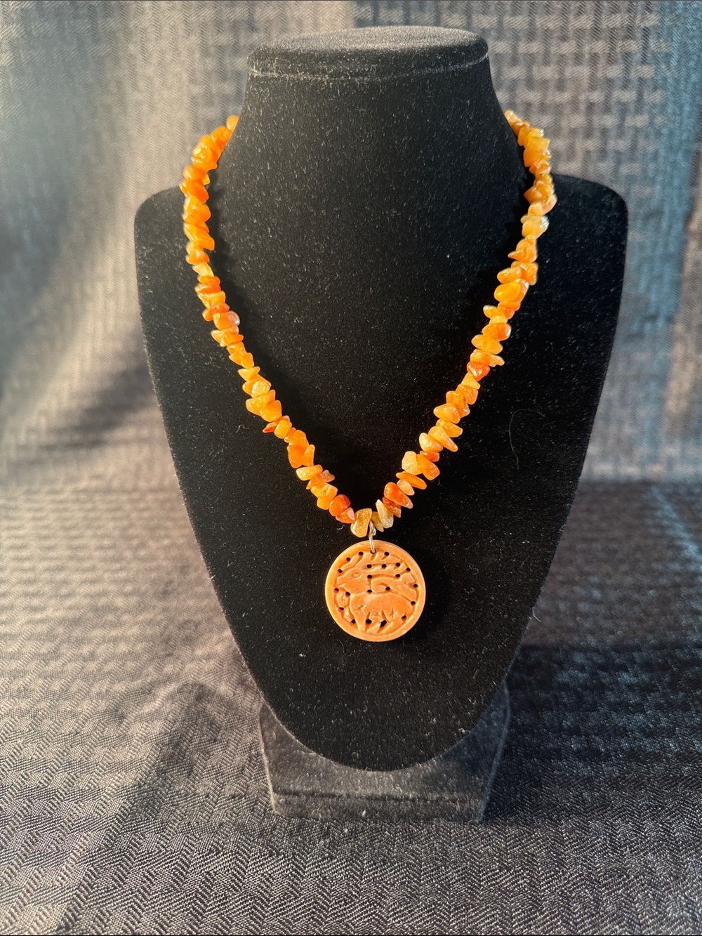 Carved Pendant Baltic Amber Orange Necklace - Elegant Hand carved Pendant Accent